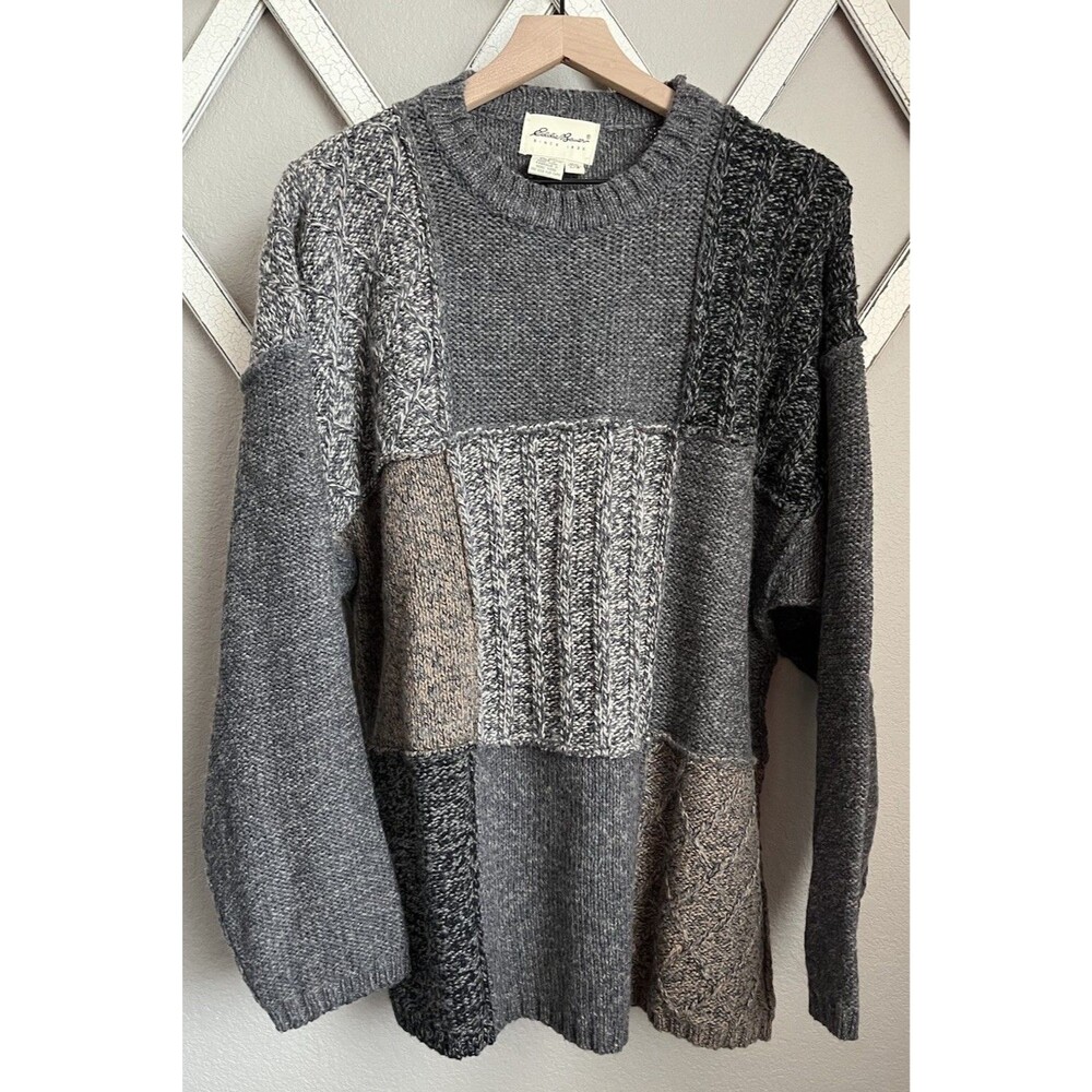 NWT! Vintage Eddie Bauer Men's L Wool Blend Patchwork Sweater - Gray